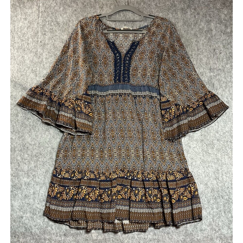 Umgee Dress Womens Small Geometric Tiered Cotton Blend Knee Length Boho Festival